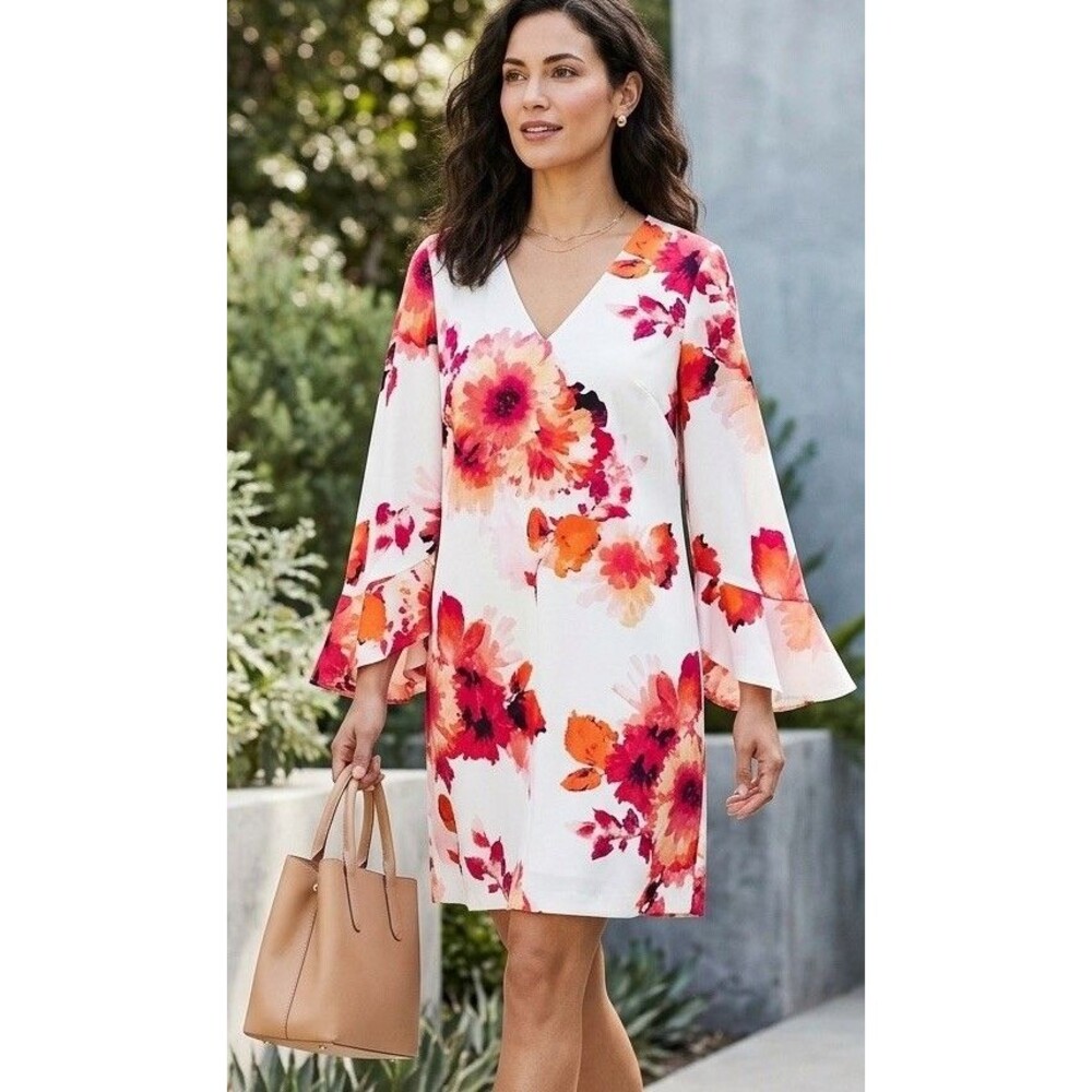 CALVIN KLEIN Floral Ruffled Bell Sleeve Shift Dress Sz 14 NWT$129 CD8E25LE